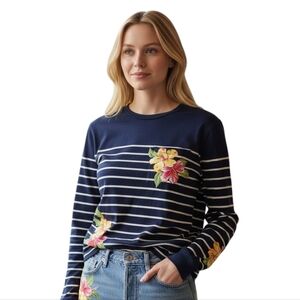 Polo Ralph Lauren Navy And White Striped Long Sleeve Top With Hibiscus Flowers